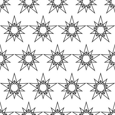 Siyah yıldızlarla dolu güzel beyaz arka plan. Tek renkli dikişsiz desen. Hediye ambalaj kağıdı, kumaş, tebrik kartları için süs.