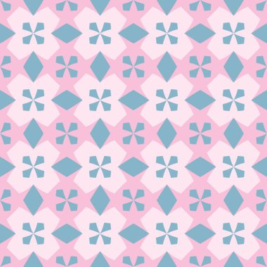 Soyut geometrik şekillerin sıralı düzenlemesi ile dikişsiz desen. Pembe bir arka plan üzerinde mavi haçlar Görüntü. Renkli illüstrasyon.