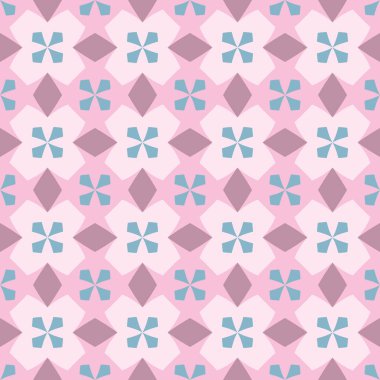 Soyut geometrik şekillerin sıralı düzenlemesi ile dikişsiz desen. Pembe bir arka plan üzerinde mavi haçlar Görüntü. Renkli illüstrasyon.