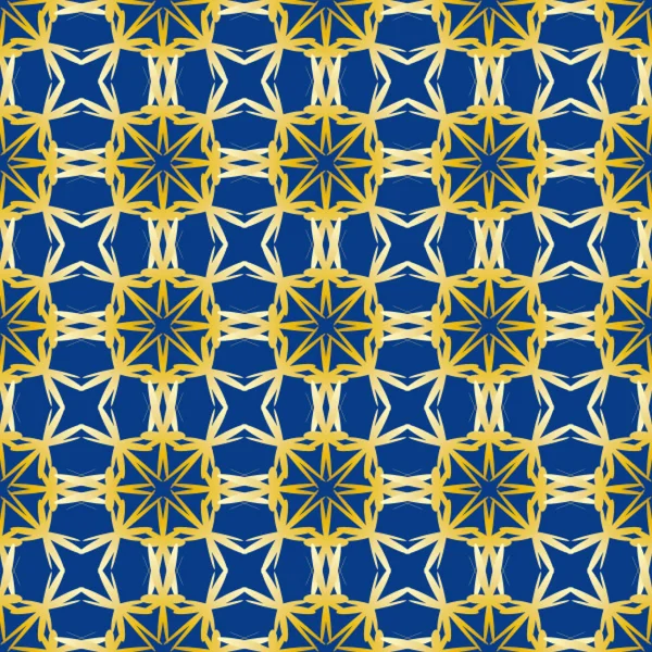 抽象的な幾何学的形状の順序付けされた配置とシームレスなパターン。青い背景のゴールドパターン — ストックベクタ