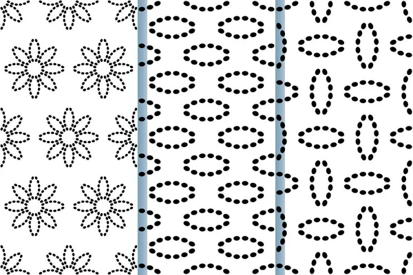 Nahtloses Muster mit abstrakten Blüten mit gestrichelten Linien. Vektorhintergrund in schwarz-weiß. Satz von 3 nahtlosen Mustern. — Stockvektor