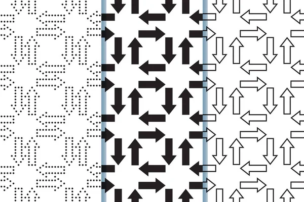 Flechas patrón sin costura. Bosquejo símbolos de diseño. Ilustración de vectores blanco y negro. Conjunto de 3 patrones sin costura . — Vector de stock