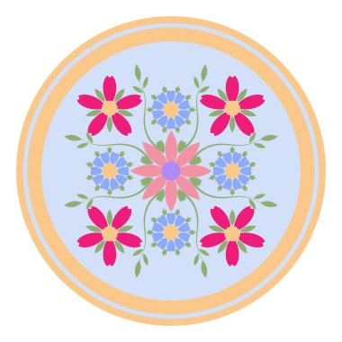 Düz tarzda çiçek süslemesi ile dekoratif plaka deseni. Tasarımınız için dairesel bir süs.