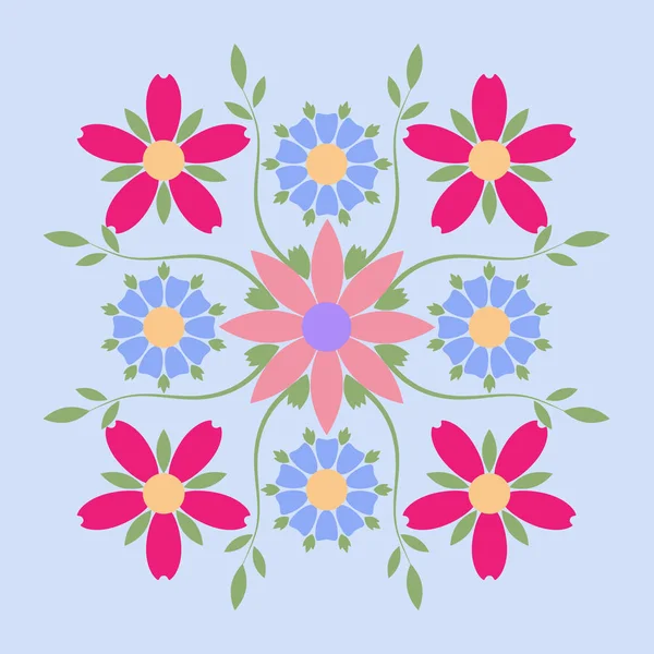 Διακοσμητικό έμβλημα με πολύχρωμα λουλούδια συμμετρική σύνθεση. Επιχειρηματική ταυτότητα για μπουτίκ, βιολογικά καλλυντικά ή ανθοπωλείο. — Διανυσματικό Αρχείο