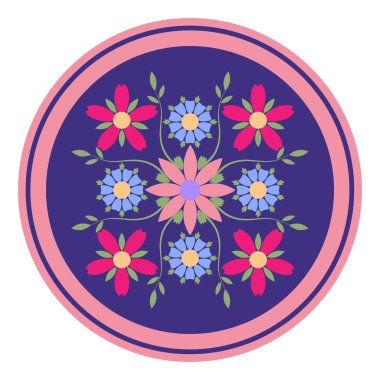 Düz tarzda çiçek süslemesi ile dekoratif plaka deseni. Tasarımınız için dairesel bir süs.