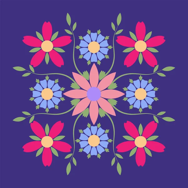 Διακοσμητικό έμβλημα με πολύχρωμα λουλούδια συμμετρική σύνθεση. Επιχειρηματική ταυτότητα για μπουτίκ, βιολογικά καλλυντικά ή ανθοπωλείο. — Διανυσματικό Αρχείο
