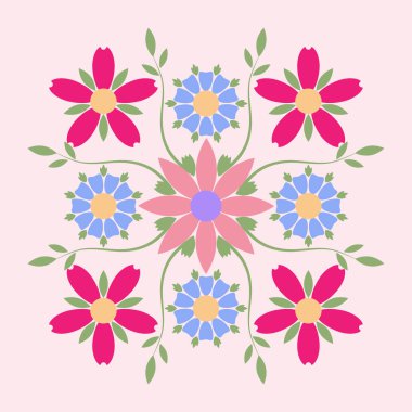 Çok renkli çiçekler simetrik kompozisyon dekoratif amblemi. Butik, organik kozmetik veya çiçekçi dükkanı için iş kimliği.