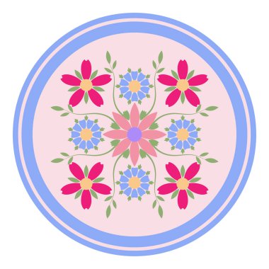 Düz tarzda çiçek süslemesi ile dekoratif plaka deseni. Tasarımınız için dairesel bir süs.