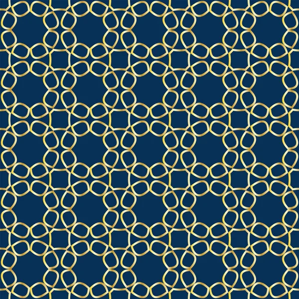 Nahtloses Muster mit Spitze aus goldenen abstrakten Blumen auf blauem Hintergrund. — Stockvektor