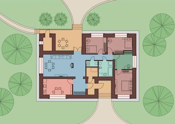 Arkitektonisk plan för ett bostadshus på landet. Topputsikt med möbler. Vektor illustration. — Stock vektor