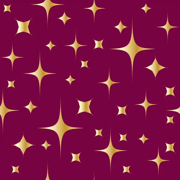 Бесшовный рисунок с сияющими золотыми звёздами на красном фоне. Рождество или Новый год фон — стоковый вектор