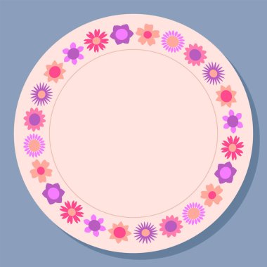 Düz tarzda çiçek süslemesi ile dekoratif plaka deseni. Tasarımınız için dairesel bir süs.