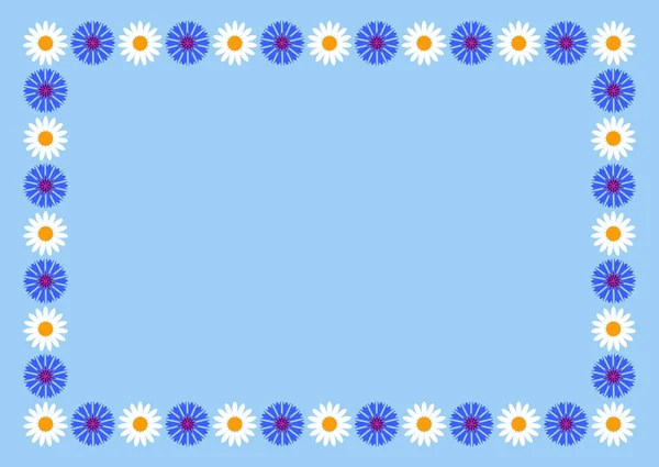Cadre rectangulaire floral décoratif avec marguerites de fleurs sauvages et bleuets. Illustration vectorielle EPS10 — Image vectorielle