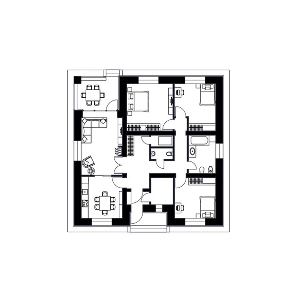 家の建築フロアプラン。コテージの図面。白い背景に隔離されています。ベクトルブラックイラスト — ストックベクタ