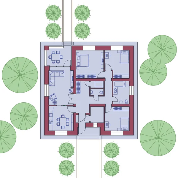 Plano arquitectónico de uma casa. O desenho da casa de campo. Edifício de um andar no terreno. Ilustração vetorial — Vetor de Stock