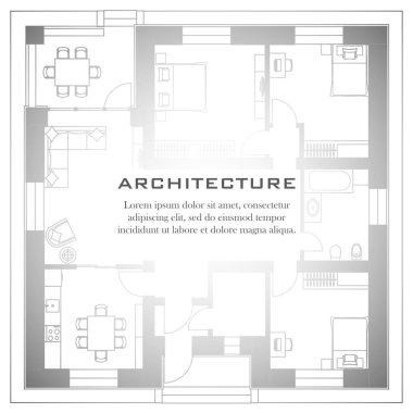 Mimari arka plan. Mimari projenin bir parçası, bir konut binasının mimari planı. Siyah beyaz vektör çizimi