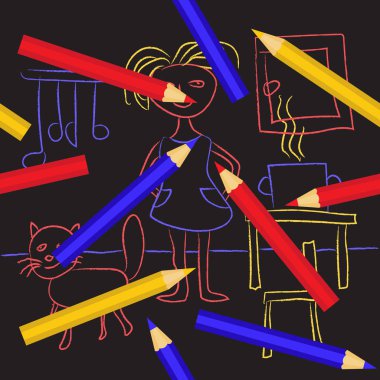 Boya kalemleriyle çizilen çocuklar. Sevimli çocuklar mutfakta bir kız ve bir kedi tasvir doodle. Kız ya da kadın yemek pişiriyor. Renkli kalemler kağıda serpildi