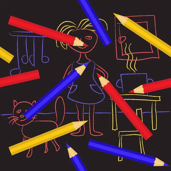 Boya kalemleriyle çizilen çocuklar. Sevimli çocuklar mutfakta bir kız ve bir kedi tasvir doodle. Kız ya da kadın yemek pişiriyor. Renkli kalemler kağıda serpildi