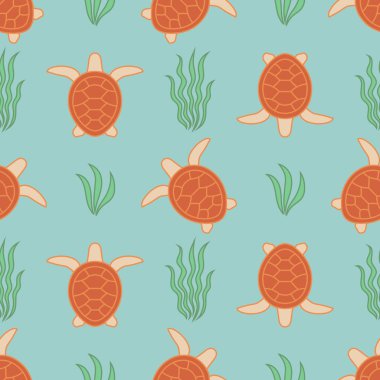 Beautiful seamless pattern with sea turtles and algae. Sea background. Vector colorful illustration clipart