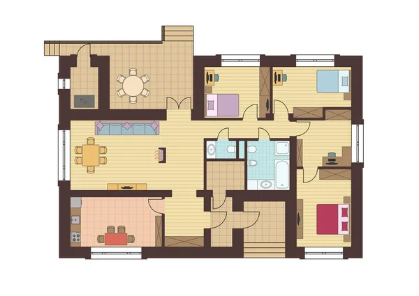 Plano arquitectónico de uma casa. Desenho da casa de campo com arranjo de móveis. Edifício de um andar. Ilustração vetorial — Vetor de Stock