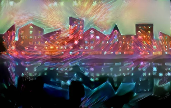 Image abstraite d'une ville nocturne. Arrière-plan architectural. Illustration multicolore — Photo