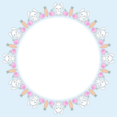 Çizgi filmdeki komik tavşanların olduğu sevimli dekoratif çerçeve. Çocuksu bir geçmiş. Vektör Kawaii illüstrasyonu.