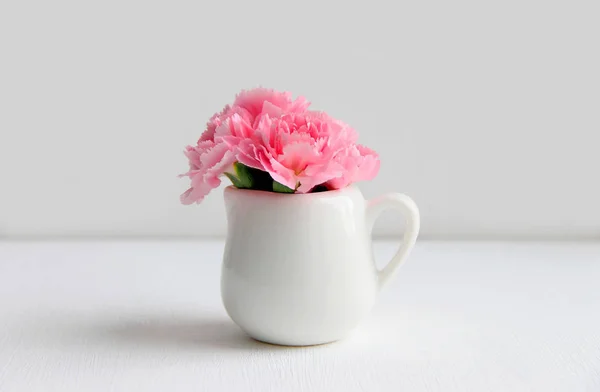 bunch of pink carnations in a vase side view on white background holiday concept.
