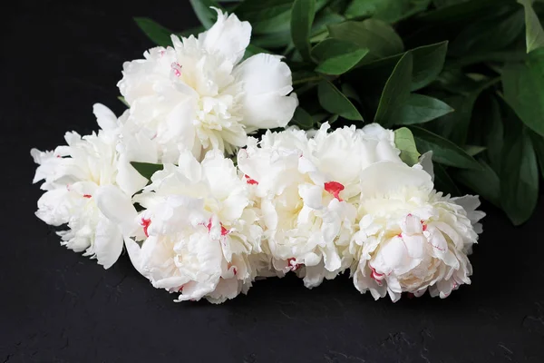 White peonies on dark background. Wedding, gift card, valentine\'s day or mothers day background.