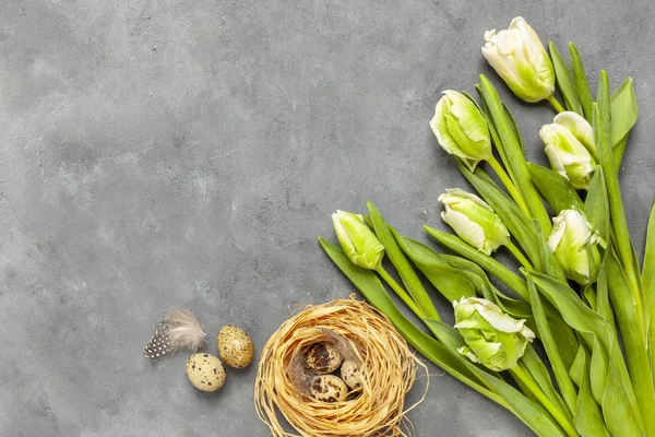 Easter - tulips and quail eggs on a concrete background