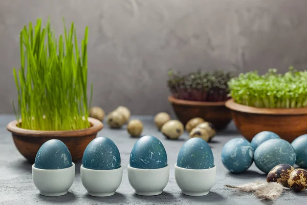 Pasen Samenstelling Eieren Geverfd Blauw Een Rode Kool Kwarteleitjes Pasen — Stockfoto