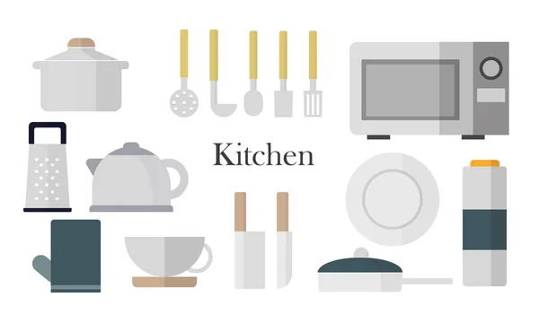 Küchensymbole Set Essgeschirr Mit Mikrowelle Löffelpfanne Und Pfanne Mit Grauen — Stockvektor