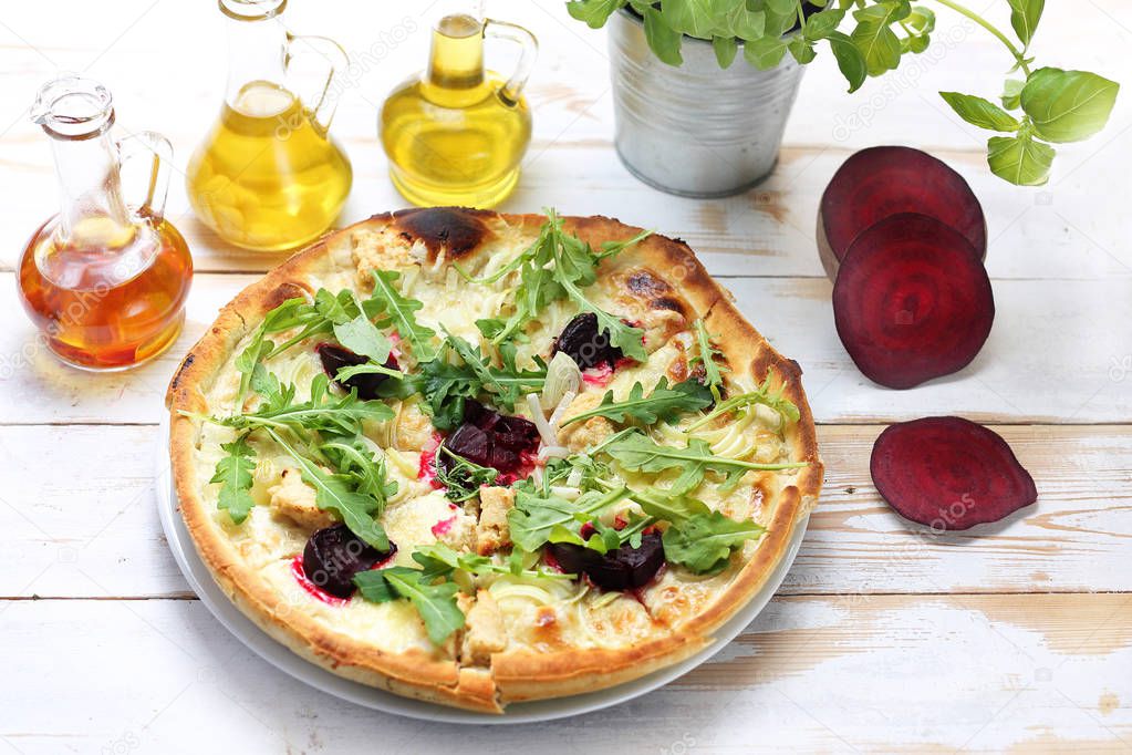 Pizza with beetroot and mozzarella. Vegetarian pizza.
