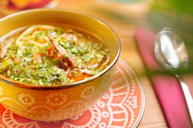 Erişteli tavuk çorbası. İştah açıcı yemek. Yemek servisini önermek. Mutfak fotoğrafçılığı.