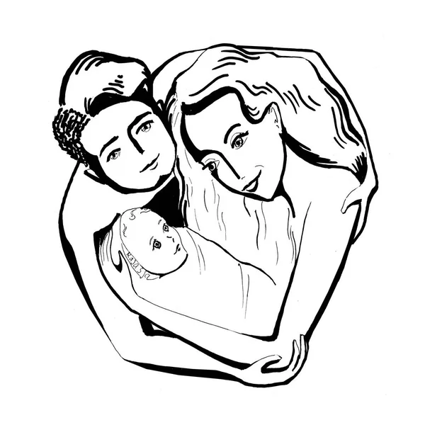 Glückliche junge Eltern umarmen ein kleines Baby Illustration — Stockfoto