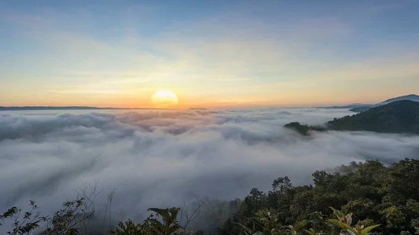 Paisaje Con Niebla Por Mañana Niebla Nube Montaña Valle Paisaje — Foto de Stock