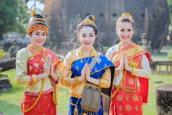 Menina Laos Bonita Traje Laos Mulher Asiática Vestindo Cultura Tradicional — Fotografia de Stock