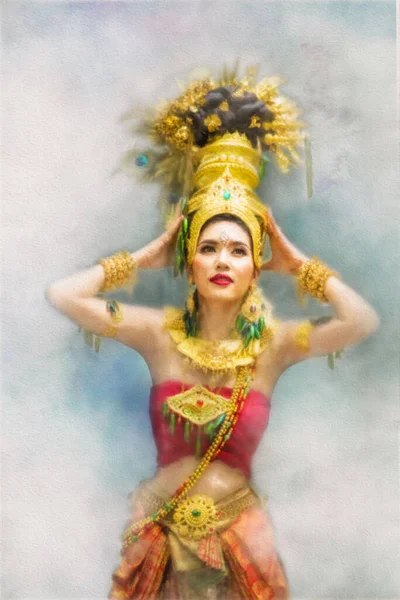 Картини Аквареллю Красиві Жінки Традиційному Тайському Одязі — стокове фото
