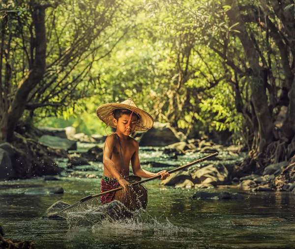 Little Boy Fishing River — Stock Photo, Image