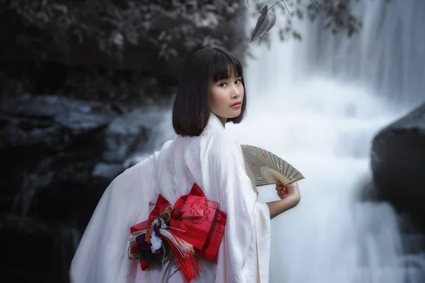 穿着日本传统和服的女人 穿着和服的年轻漂亮的艺妓 — 图库照片