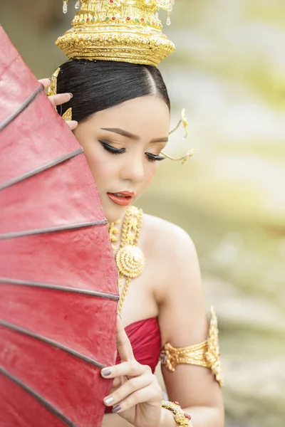 Thai Traditionell Uniform Klänning Kvinna Bär Typiska Thai Klänning Identitet — Stockfoto