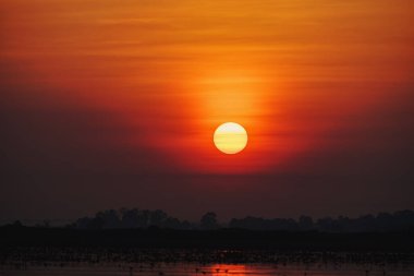 Tarlada güzel bir gün doğumu, gökyüzünün ve tarlanın yansıması, sabah manzaralı tepeler, görkemli gündoğumu dağları..