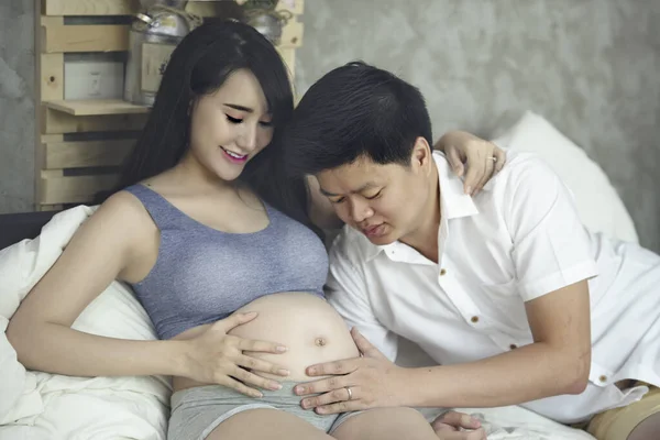 Young Pregnant Asian Woman Holds Her Hands Her Swollen Belly — Stock Photo, Image