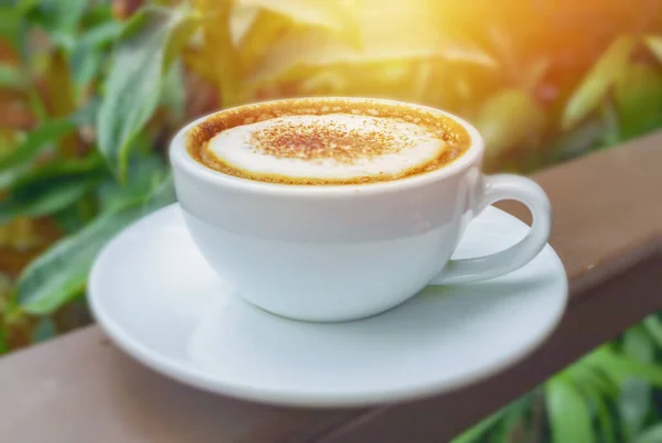 Kopi Espresso Panas Dengan Sinar Matahari Hangat Dan Latar Belakang — Stok Foto