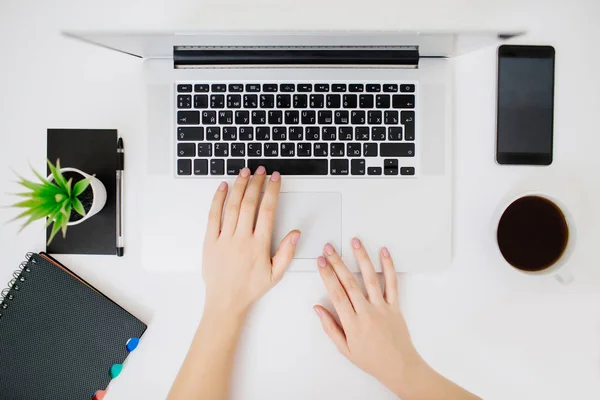 Freelancer kadın minimal işyeri. Yassı lay.