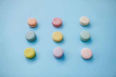 Pastel mavi arka plan üzerine macaroon veya makarna bisküvi.