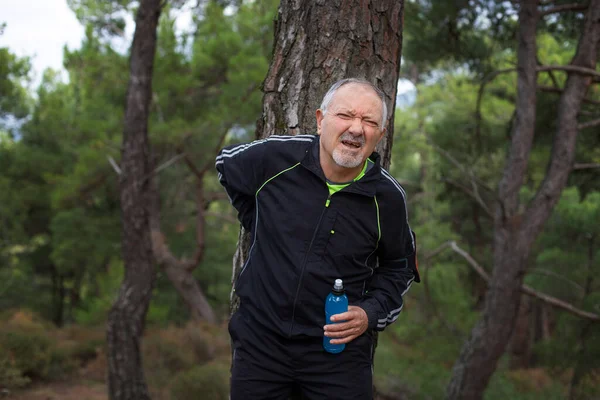 Elderly Active Man Faces Health Problems Backache Jogging Sport Concept — Stock Photo, Image