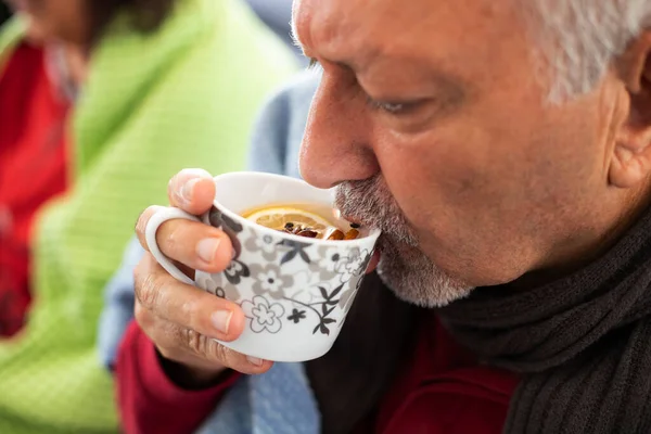 Elderly Sick Man Sitting Blanket Tea Flu Natural Herbal Tea — Stock Photo, Image