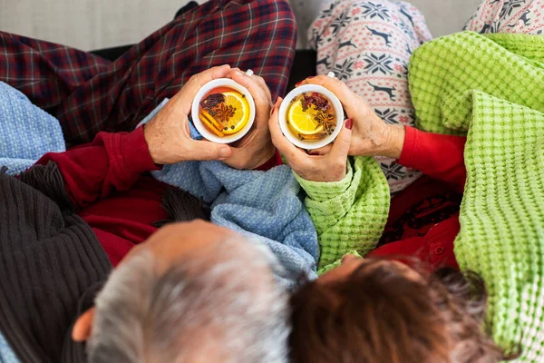 Elderly Sick People Sitting Blanket Tea Flu Natural Herbal Tea — Stock Photo, Image