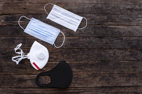 Many Types Protective Face Masks Covid Coronavirus Concept Table Top — Stock Photo, Image