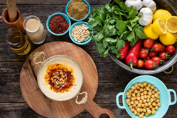 Hummus Comida Oriente Medio Sobre Mesa Con Vista Superior Fotos —  Fotos de Stock
